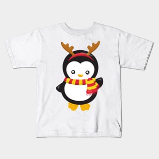 Christmas Penguin, Penguin With Scarf, Antlers Kids T-Shirt
